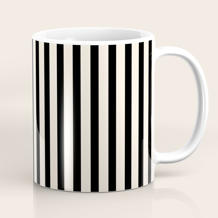 Fine Stripes Vertical Minimalist Pattern in Black and Almond Cream Coffee Mug Gallery Image 1