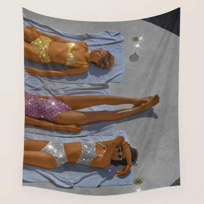 SUMMER TIME - digital collage art work by Yana potter, glitter art. Relax and chill summer vibes.  Wall Tapestry Gallery Image 1