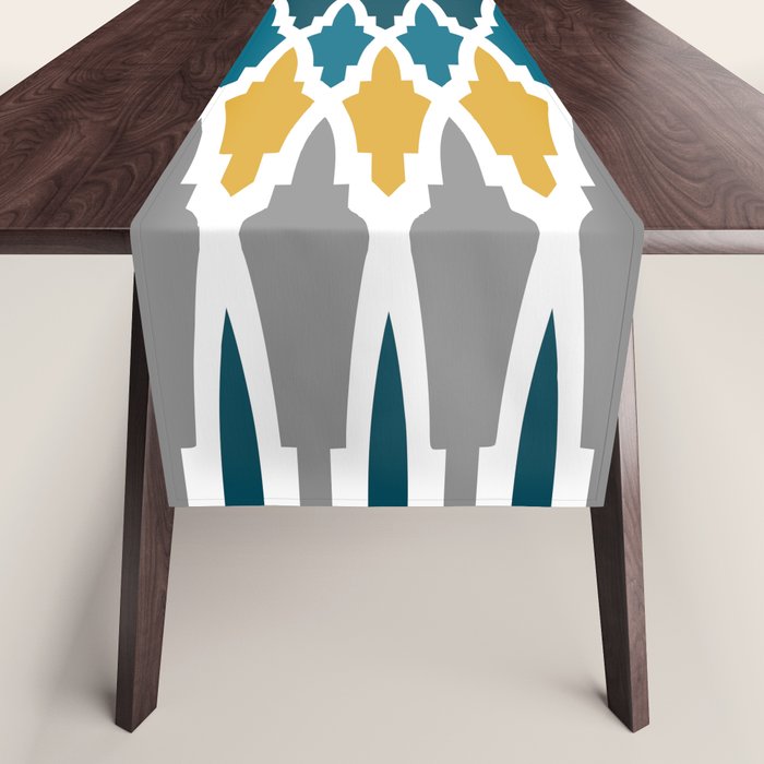 Boho, Geometric Pattern, Blue, Teal, Yellow and Gray Table Runner Gallery Image 1