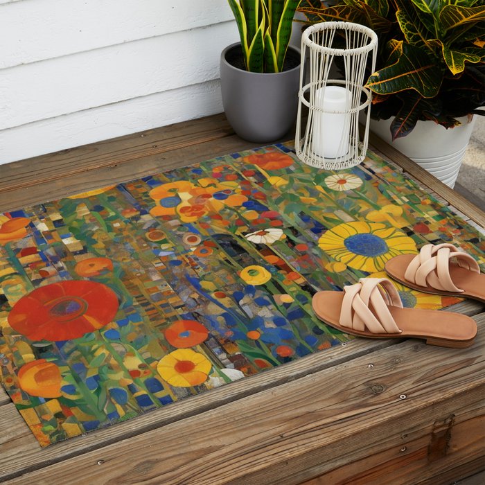 Garden with Colorful Abstract Flowers Outdoor Rug Gallery Image 2