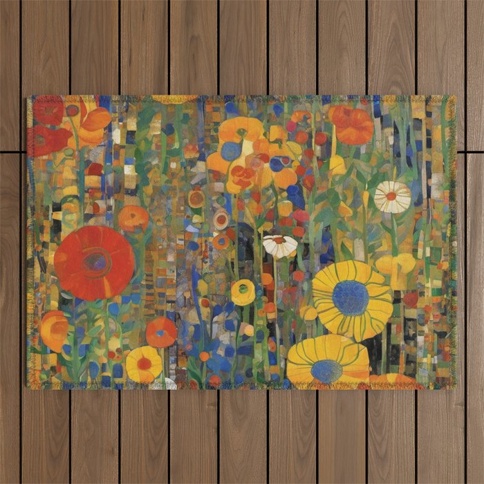Garden with Colorful Abstract Flowers Outdoor Rug Gallery Image 1