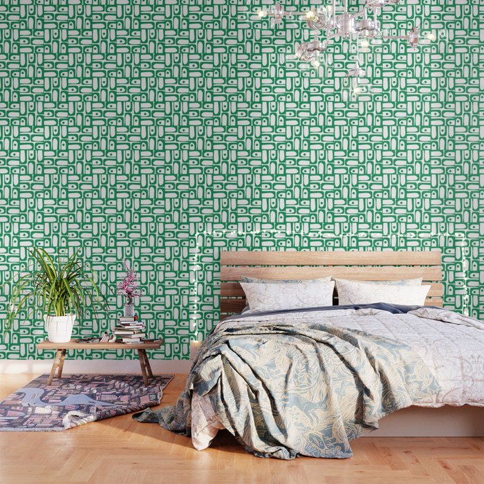 Mid Century Modern Piquet Abstract Multi Pattern Kelly Green and White Wallpaper Gallery Image 1