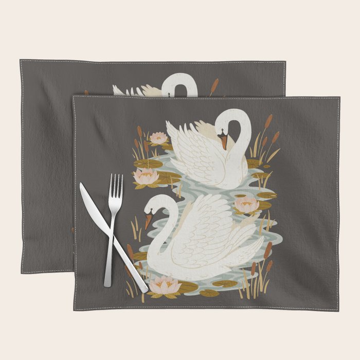 Swan Dance - Charcoal Black Background Placemat Gallery Image 1
