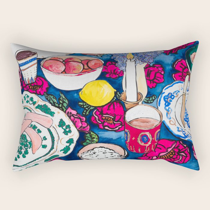 Friendsgiving Floral Tablescape Painting Rectangular Pillow Gallery Image 1