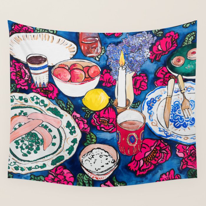 Friendsgiving Floral Tablescape Painting Wall Tapestry Gallery Image 1