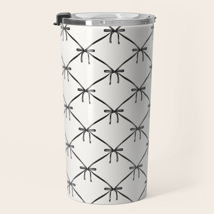 Bows & Ribbons Pattern IV Black and White Travel Mug Gallery Image 3