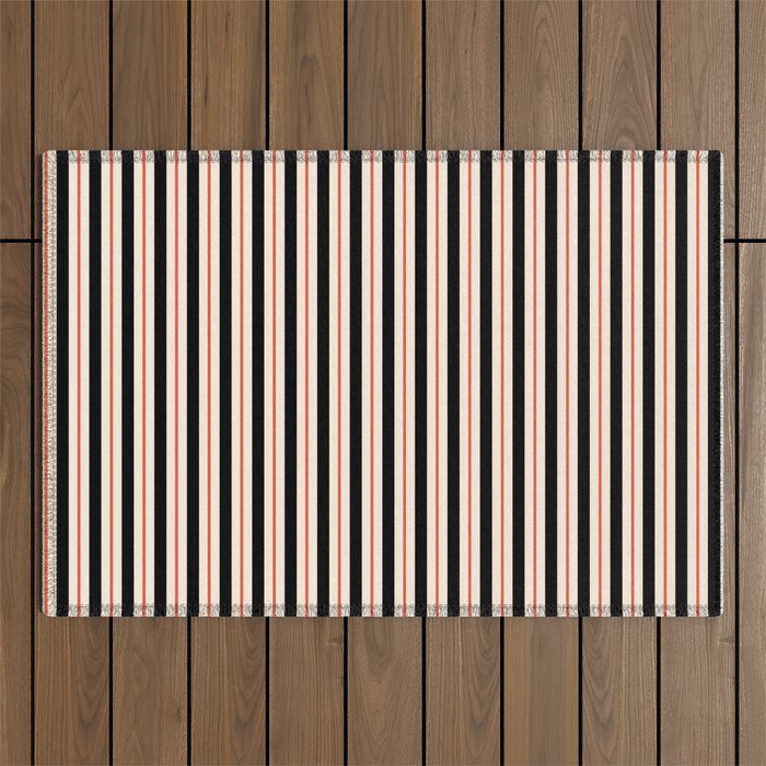 Minimal Retro Modern Stripe Pattern in Black, Orange, and Almond Cream Outdoor Rug Gallery Image 1