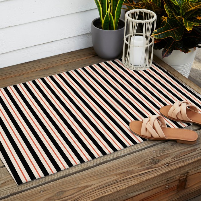 Minimal Retro Modern Stripe Pattern in Black, Orange, and Almond Cream Outdoor Rug Gallery Image 2