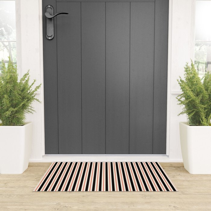 Minimal Retro Modern Stripe Pattern in Black, Orange, and Almond Cream Welcome Mat Gallery Image 3
