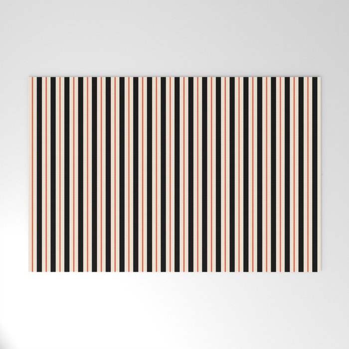 Minimal Retro Modern Stripe Pattern in Black, Orange, and Almond Cream Welcome Mat Gallery Image 1