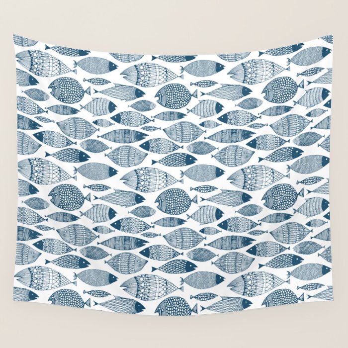 Blue Fish White Wall Tapestry Gallery Image 4