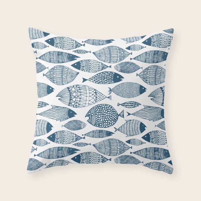 Blue Fish White Throw Pillow Gallery Image 1