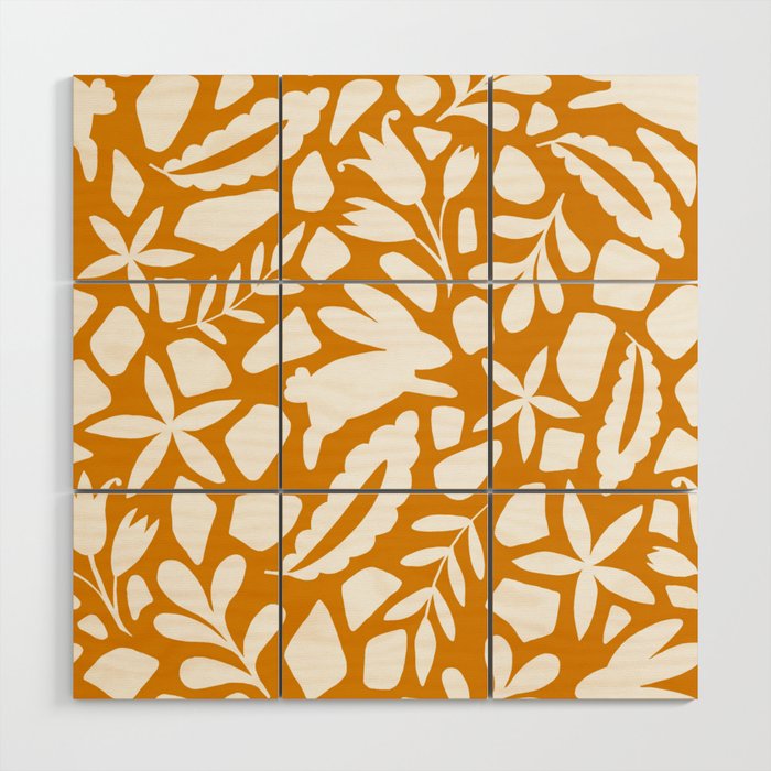 Folk Art Bunnies - Ochre and white Wood Wall Art Gallery Image 1
