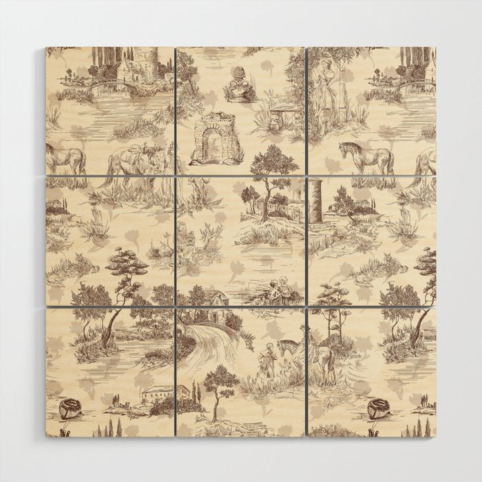 Toile de Jouy Vintage French Sepia Romantic Pastoral  Wood Wall Art Gallery Image 1