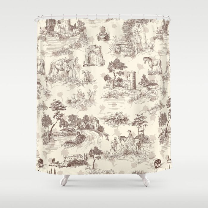 Toile de Jouy Vintage French Sepia Romantic Pastoral  Shower Curtain Gallery Image 1