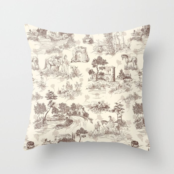 Toile de Jouy Vintage French Sepia Romantic Pastoral  Throw Pillow Gallery Image 1