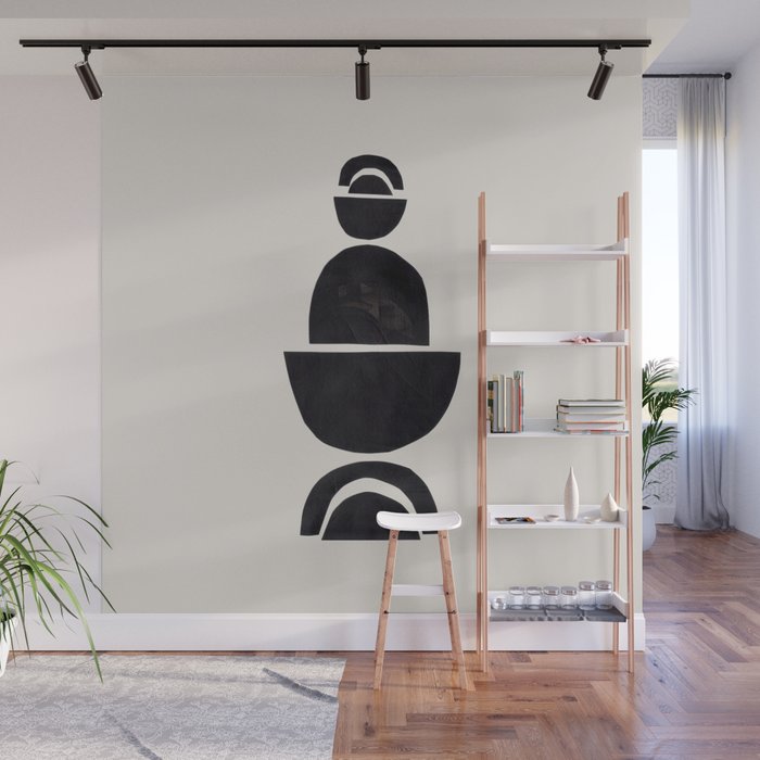 Black & White Minimalist Mid Century Paper collage Funky Black Ink Tribal Geometric by Ejaaz Haniff Wall Mural Gallery Image 1