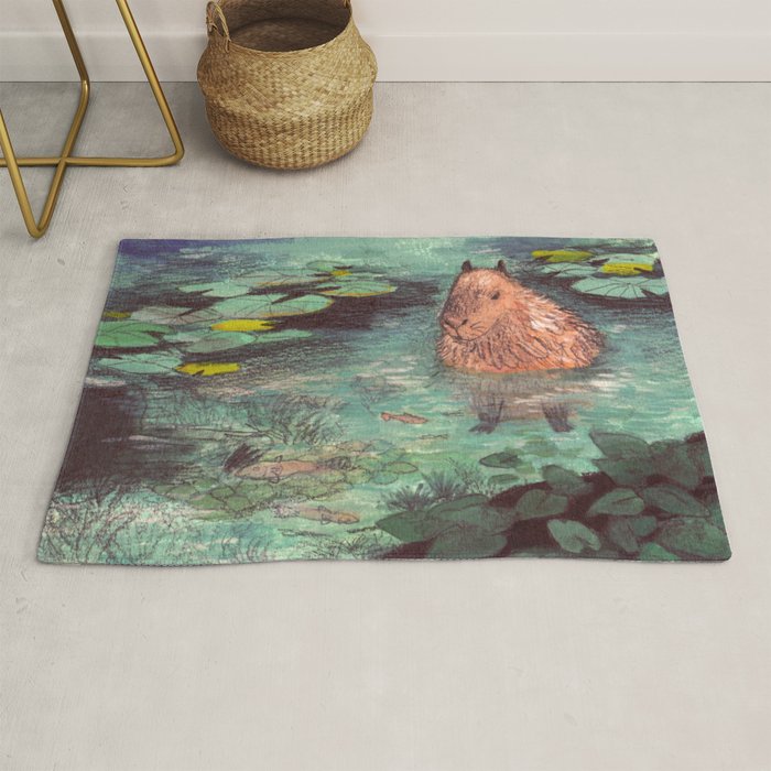 Capybara in the pond Rug Gallery Image 1
