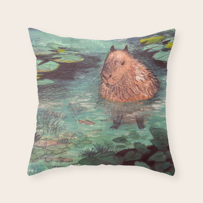 Capybara in the pond Throw Pillow Gallery Image 6