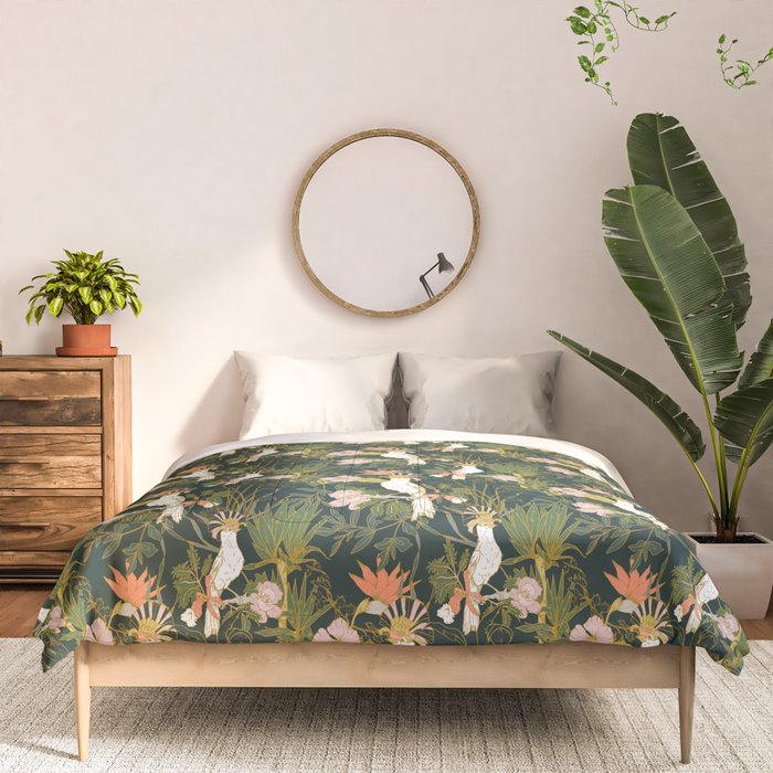 Drawing of exotic birds in the dark jungle Comforter Gallery Image 3