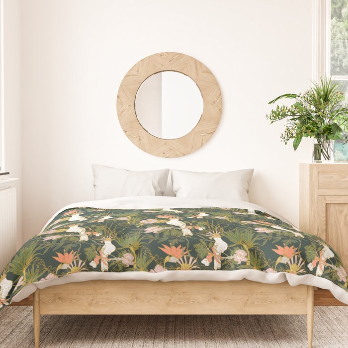 Drawing of exotic birds in the dark jungle Duvet Cover Gallery Image 3