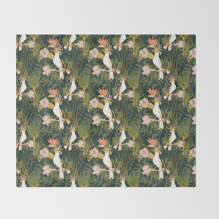 Drawing of exotic birds in the dark jungle Throw Blanket Gallery Image 2