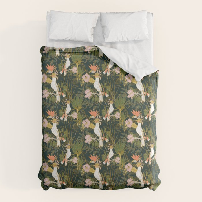 Drawing of exotic birds in the dark jungle Duvet Cover Gallery Image 1