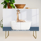 Baby Giraffe in a Bathtub Blue BG, Giraffe Taking a Bath, Bathtub Animal Art Print By Synplus Credenza Gallery Image 1