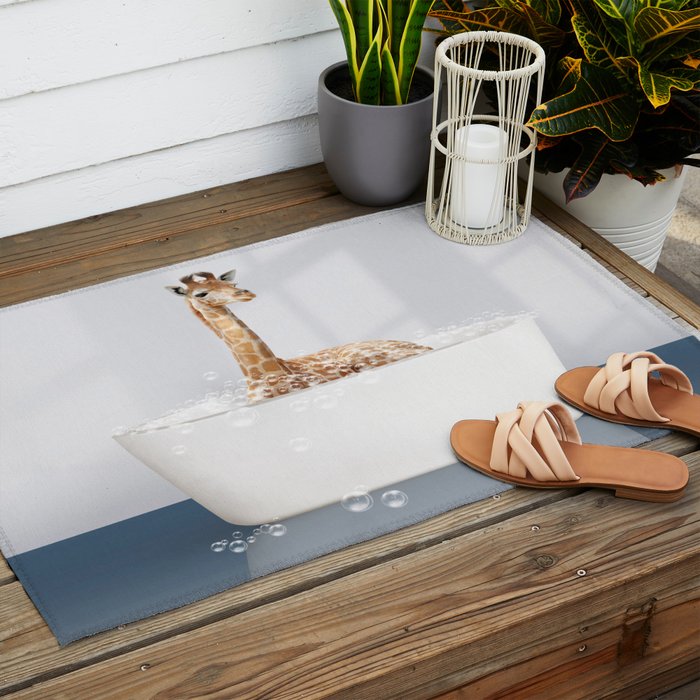 Baby Giraffe in a Bathtub Blue BG, Giraffe Taking a Bath, Bathtub Animal Art Print By Synplus Outdoor Rug Gallery Image 2