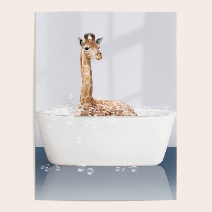 Baby Giraffe in a Bathtub Blue BG, Giraffe Taking a Bath, Bathtub Animal Art Print By Synplus Poster Gallery Image 4
