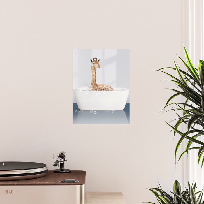 Baby Giraffe in a Bathtub Blue BG, Giraffe Taking a Bath, Bathtub Animal Art Print By Synplus Poster Gallery Image 2