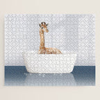 Baby Giraffe in a Bathtub Blue BG, Giraffe Taking a Bath, Bathtub Animal Art Print By Synplus Jigsaw Puzzle Gallery Image 1