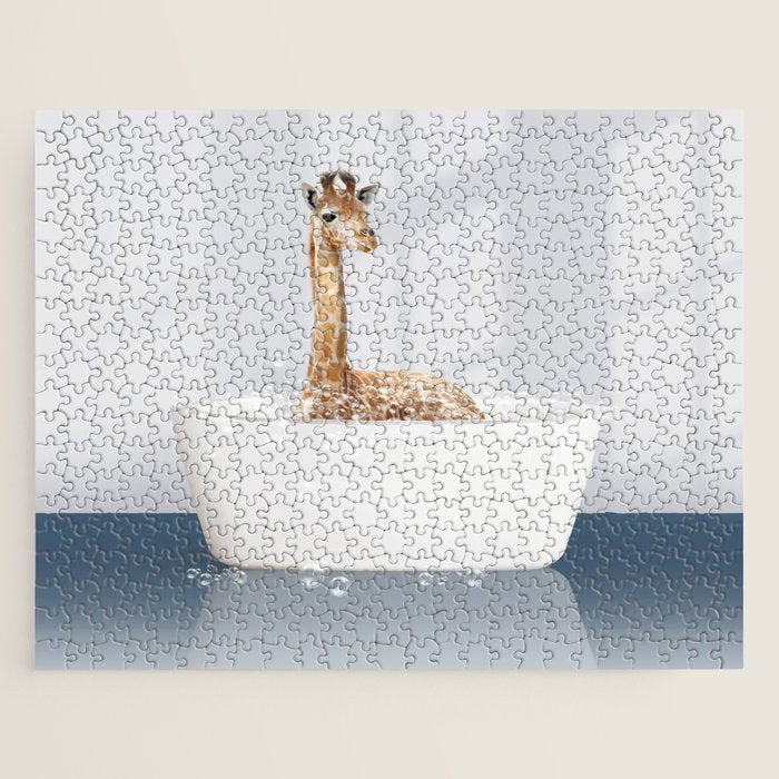 Baby Giraffe in a Bathtub Blue BG, Giraffe Taking a Bath, Bathtub Animal Art Print By Synplus Jigsaw Puzzle Gallery Image 1