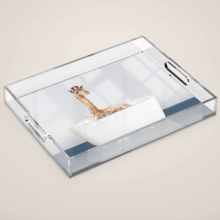 Baby Giraffe in a Bathtub Blue BG, Giraffe Taking a Bath, Bathtub Animal Art Print By Synplus Acrylic Tray Gallery Image 1