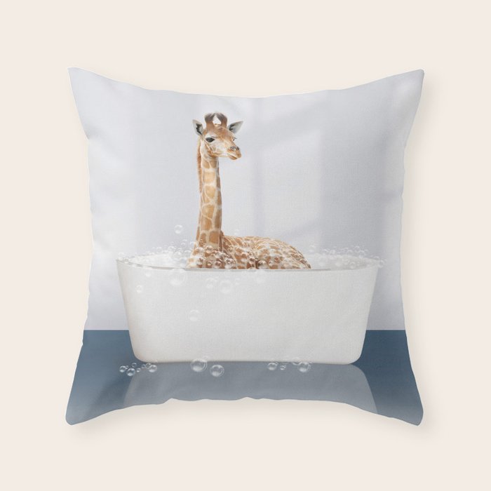 Baby Giraffe in a Bathtub Blue BG, Giraffe Taking a Bath, Bathtub Animal Art Print By Synplus Throw Pillow Gallery Image 1