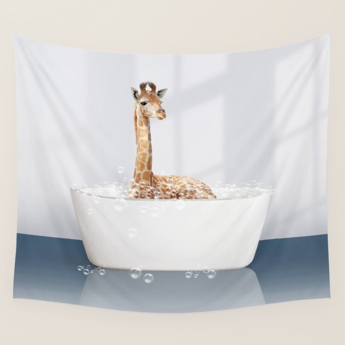 Baby Giraffe in a Bathtub Blue BG, Giraffe Taking a Bath, Bathtub Animal Art Print By Synplus Wall Tapestry Gallery Image 4