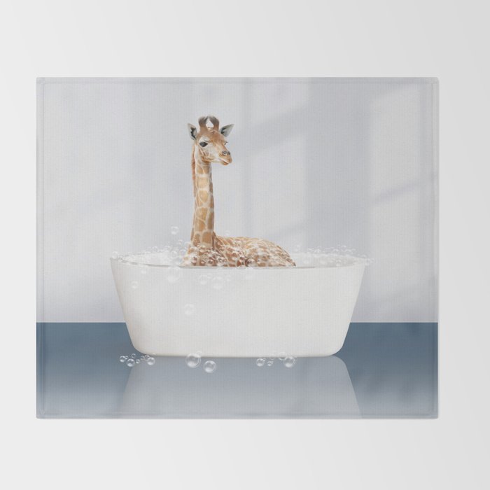 Baby Giraffe in a Bathtub Blue BG, Giraffe Taking a Bath, Bathtub Animal Art Print By Synplus Throw Blanket Gallery Image 2