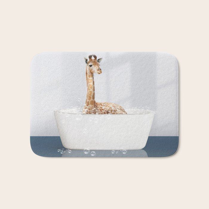 Baby Giraffe in a Bathtub Blue BG, Giraffe Taking a Bath, Bathtub Animal Art Print By Synplus Bath Mat Gallery Image 1