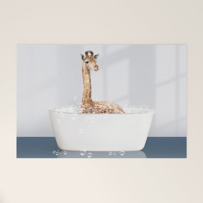 Baby Giraffe in a Bathtub Blue BG, Giraffe Taking a Bath, Bathtub Animal Art Print By Synplus Welcome Mat Gallery Image 1