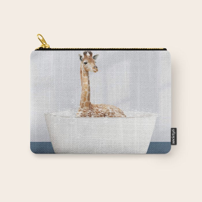 Baby Giraffe in a Bathtub Blue BG, Giraffe Taking a Bath, Bathtub Animal Art Print By Synplus Carry All Pouch Gallery Image 1