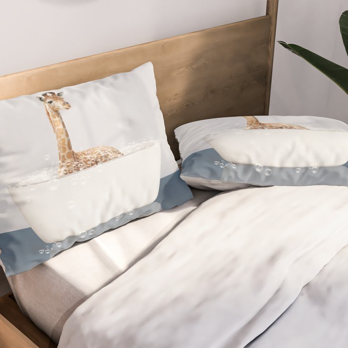 Baby Giraffe in a Bathtub Blue BG, Giraffe Taking a Bath, Bathtub Animal Art Print By Synplus Pillow Sham Gallery Image 2