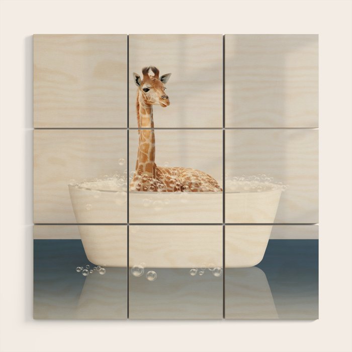 Baby Giraffe in a Bathtub Blue BG, Giraffe Taking a Bath, Bathtub Animal Art Print By Synplus Wood Wall Art Gallery Image 1