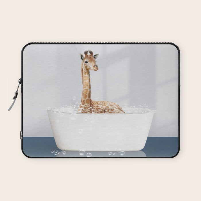 Baby Giraffe in a Bathtub Blue BG, Giraffe Taking a Bath, Bathtub Animal Art Print By Synplus Laptop Sleeve Gallery Image 1
