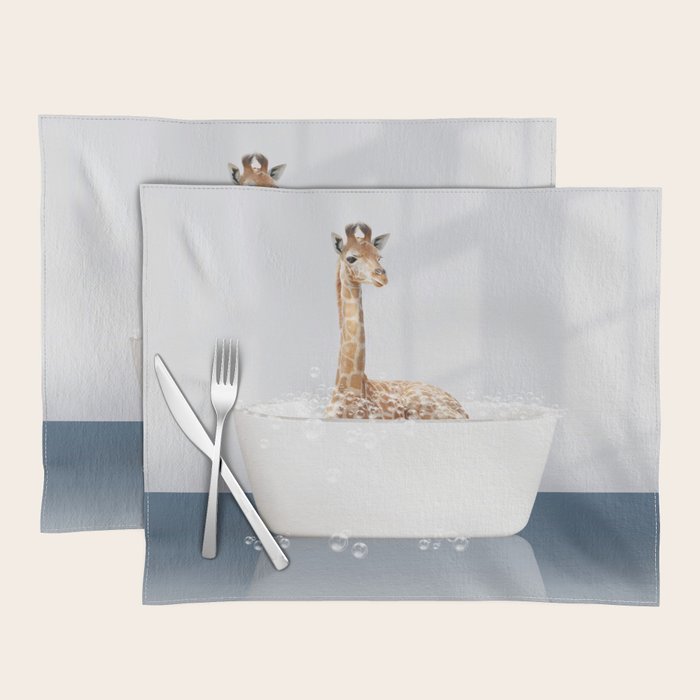Baby Giraffe in a Bathtub Blue BG, Giraffe Taking a Bath, Bathtub Animal Art Print By Synplus Placemat Gallery Image 1