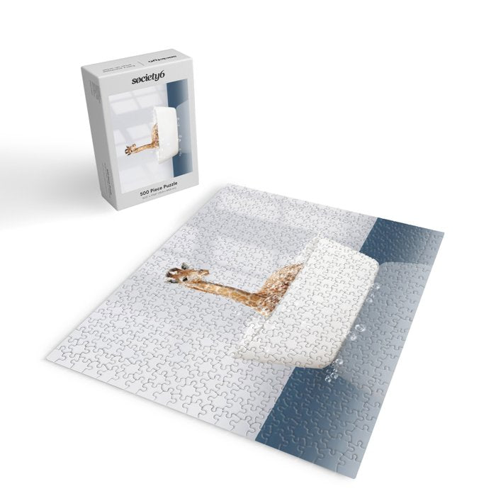 Baby Giraffe in a Bathtub Blue BG, Giraffe Taking a Bath, Bathtub Animal Art Print By Synplus Jigsaw Puzzle Gallery Image 2