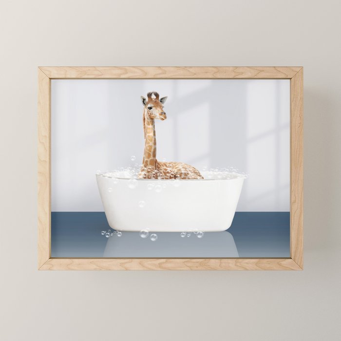 Baby Giraffe in a Bathtub Blue BG, Giraffe Taking a Bath, Bathtub Animal Art Print By Synplus Mini Art Print Gallery Image 1