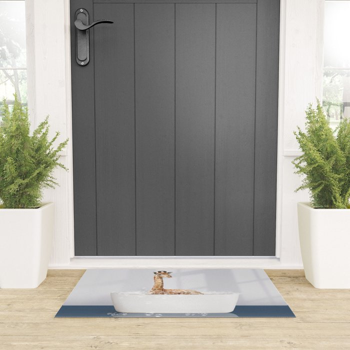 Baby Giraffe in a Bathtub Blue BG, Giraffe Taking a Bath, Bathtub Animal Art Print By Synplus Welcome Mat Gallery Image 3