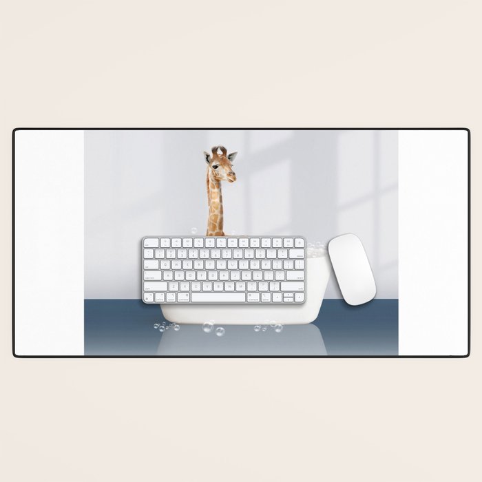 Baby Giraffe in a Bathtub Blue BG, Giraffe Taking a Bath, Bathtub Animal Art Print By Synplus Desk Mat Gallery Image 1