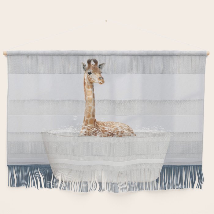 Baby Giraffe in a Bathtub Blue BG, Giraffe Taking a Bath, Bathtub Animal Art Print By Synplus Wall Hanging Gallery Image 1