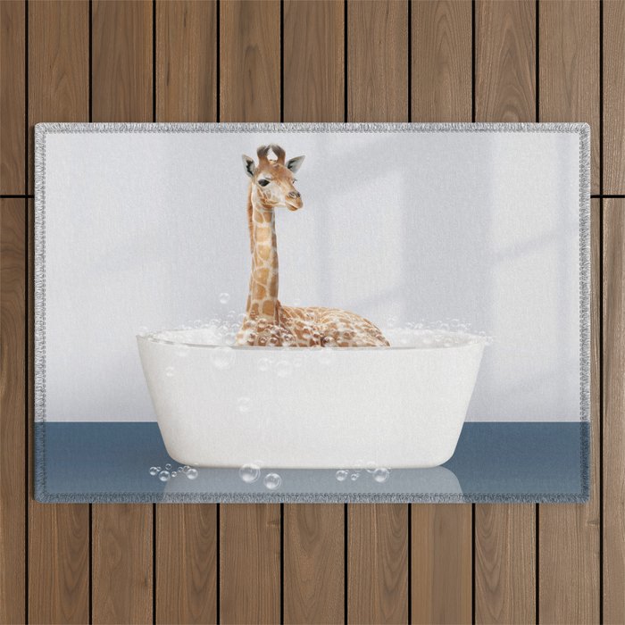 Baby Giraffe in a Bathtub Blue BG, Giraffe Taking a Bath, Bathtub Animal Art Print By Synplus Outdoor Rug Gallery Image 1